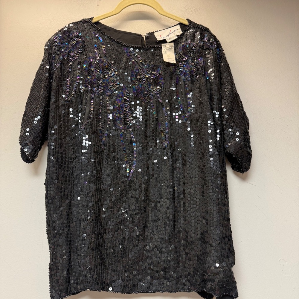 In Fashions Sequin Blouse Womens Medium Black NWT Silk Beaded Vintage 80s Top